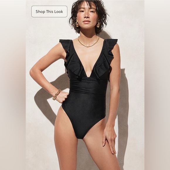 NEW J. Crew Black Long-Torso Ruched Sides Slimming Ruffle One-Piece Swimsuit 6 - Picture 1 of 8